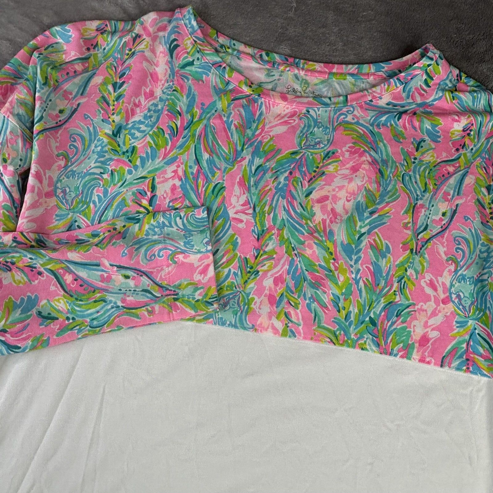 Lilly Pulitzer Shirt Womens Large White Pink Blue Print Colorblock Long Sleeve